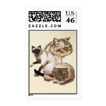 Three Gray and Golden Brown Pet Cats Sketched. Postage Stamps