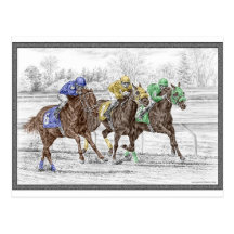 Three Horses Racing - Neck and Neck to Finish Postcard