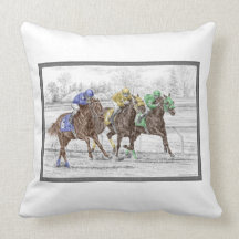 Three Horses Racing - Neck-Neck to Finish Pillow