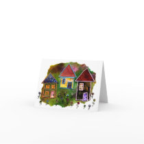 Three House Collage with Flowers Greeting Cards