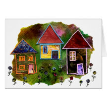Three House Collage with Flowers Greeting Cards