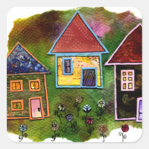 Three House Collage with Flowers Square Stickers