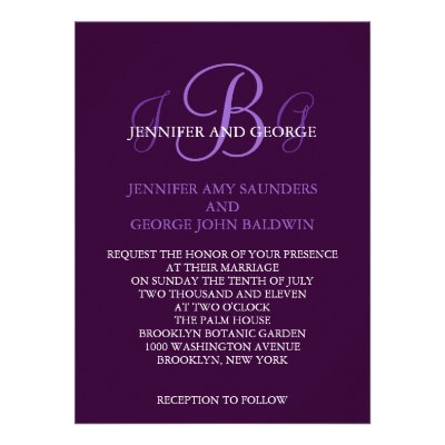 Three Initials Wedding Invitation Purple Mauve