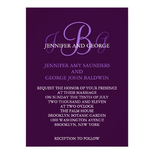 Three Initials Wedding Invitation Purple Mauve