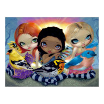 Three Little Birds ART PRINT bird fairy big eyes