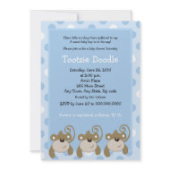 Three Little Monkeys 5x7 Blue Baby Shower invitation
