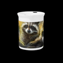 three very cute young raccoons with bird pitchers