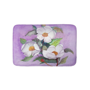 Three White Magnolias on a Lavender Background Bath Mats
