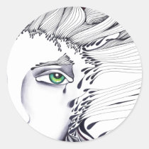 eyes, ink, girl, woman, feelings, portrait, blackandwhite, original, artsprojekt, drawing, green eyes, Klistermærke med brugerdefineret grafisk design