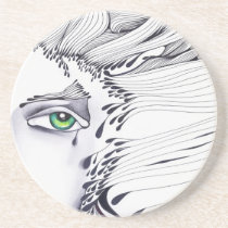 eyes, ink, girl, woman, feelings, portrait, blackandwhite, original, artsprojekt, drawing, green eyes, Coaster with custom graphic design