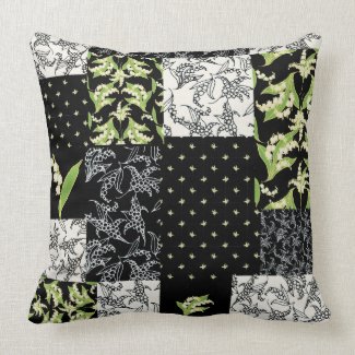 Throw Pillow Cushion: Lilies Faux Patchwork, Black