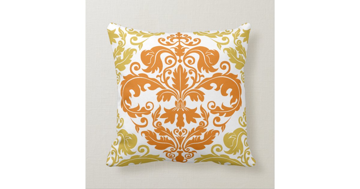 Throw Pillow - Damask Duo - Gold & Orange Zazzle