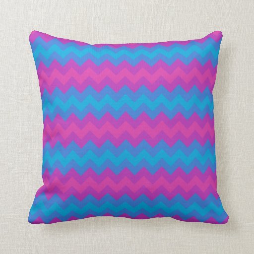 Throw Pillow Magenta, Blue Chevrons and Polkas Pillow Zazzle