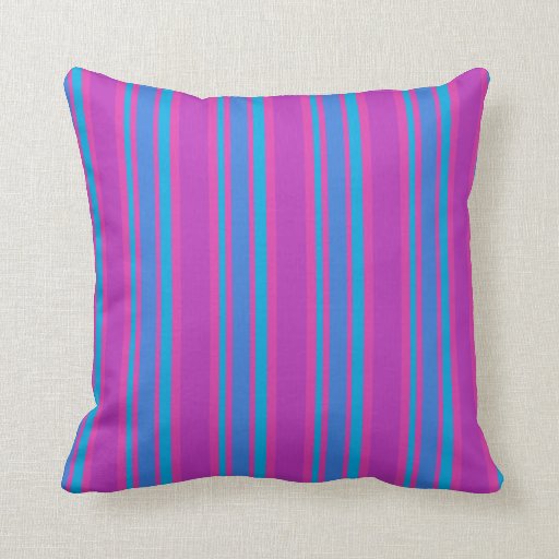Throw Pillow Magenta, Bright Blue Stripes, Polkas