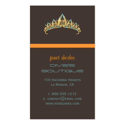 Tiara/diva's boutique/dark taupe/teal/orange business cards (back side)
