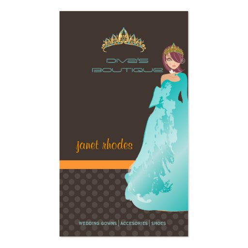 Tiara/diva's boutique/dark taupe/teal/orange business card (front side)