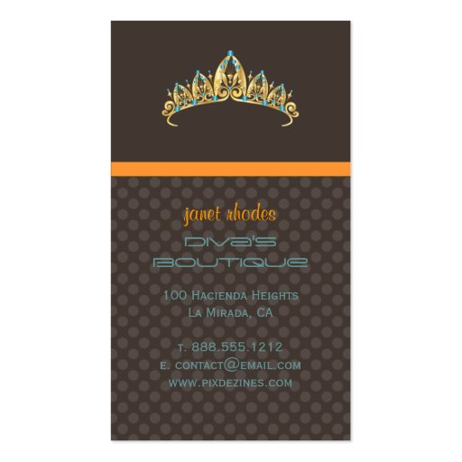 Tiara/diva's boutique/dark taupe/teal/orange business card (back side)