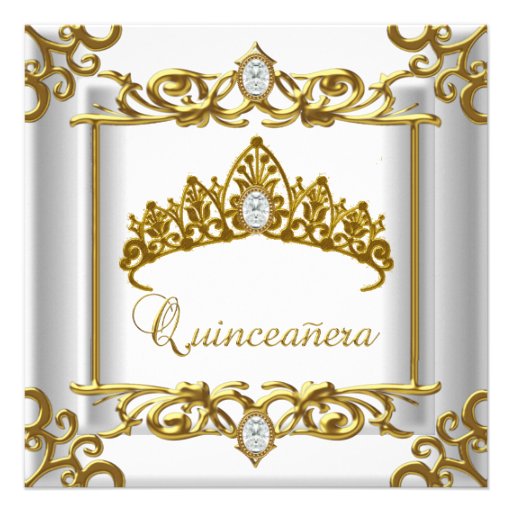 Tiara Gold White Quinceanera 15th Birthday Invites