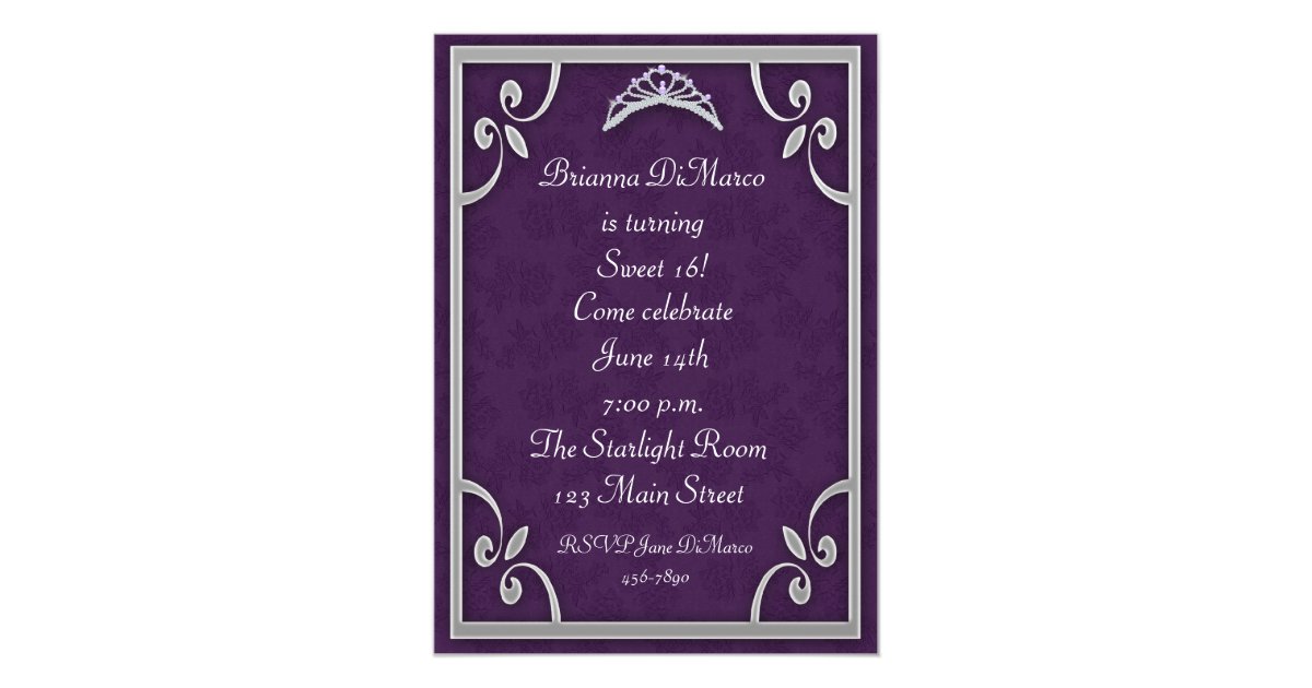 Tiara Purple Silver Invitation Zazzle