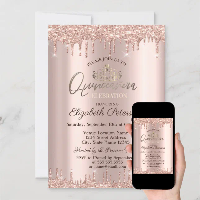 Tiara Rose Gold Glitter Drops Quincea Era Invitation Zazzle