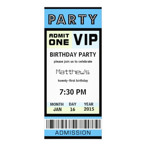 Ticket 21st Birthday Party Invitations Blue (front side)