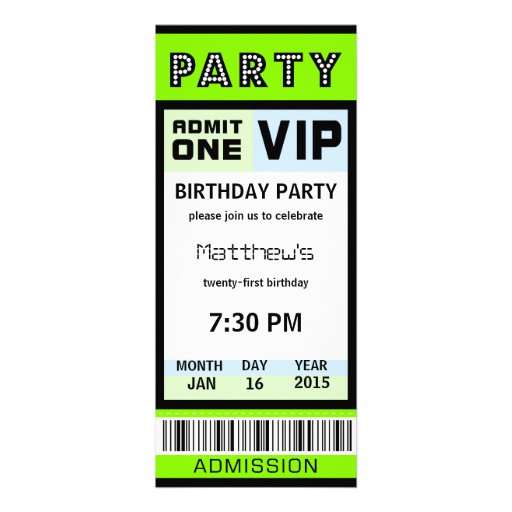 Ticket 21st Birthday Party Invitations Green (front side)