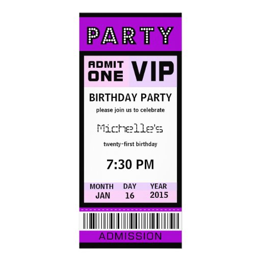 Ticket 21st Birthday Party Invitations Purple (front side)