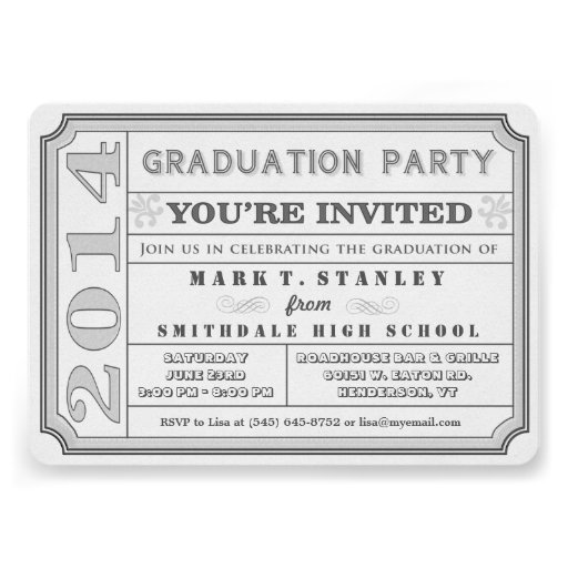 Ticket Style 2014 Gray Graduation Party Invite (front side)