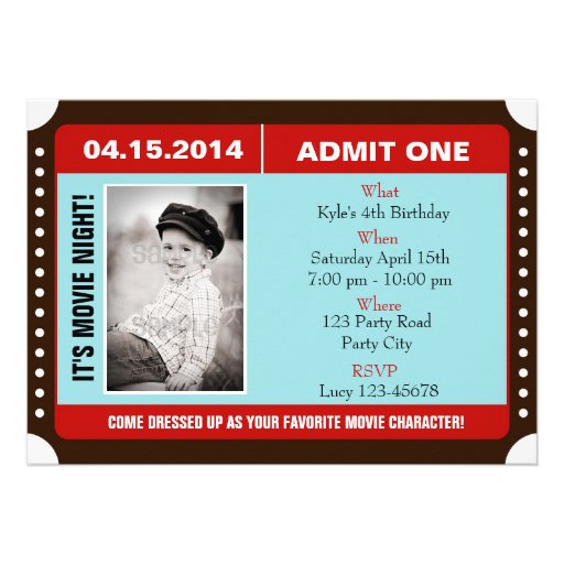 Ticket Style Invitation with Photo - Blue Red