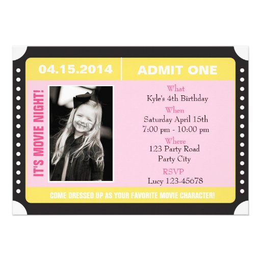 Ticket Style Invitation with Photo - Yellow Pink