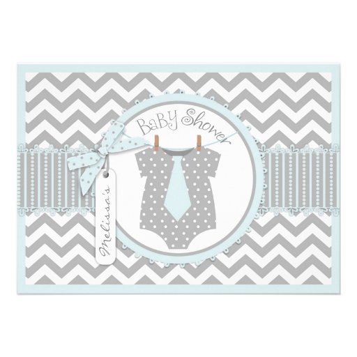 Tie and Chevron Print Baby Shower A7-BLGY Custom Announcement (front side)