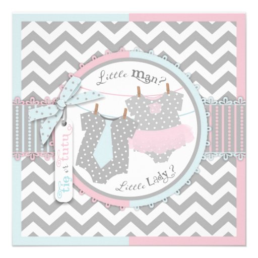 Tie or Tutu & Chevron Print Gender Reveal Party Personalized Invites (front side)