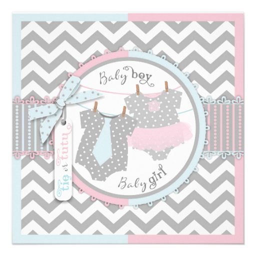 Tie or Tutu & Chevron Print Gender Reveal Party Personalized Invite (front side)