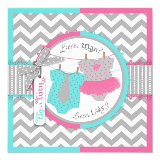 Tie or Tutu & Chevron Print Gender Reveal Party Custom Announcements (front side)