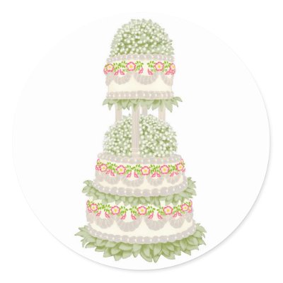 floral tiered cake. Fully customizable sticker featuring a fancy tiered floral cake by illustrator Carolyn McFann. Perfect for that special touch on wedding gifts, etc.