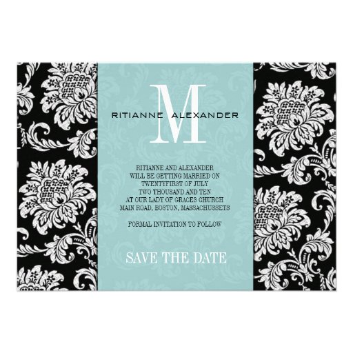 Tiffany Black Monogram Damask Save The Date Invite
