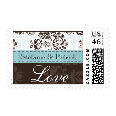 Tiffany Blue and Brown Damask Love Wedding Postage by OccasionInvitations
