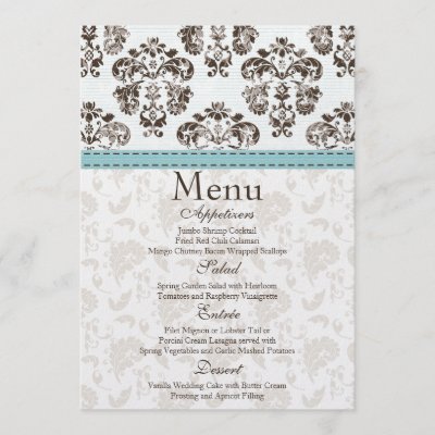 Tiffany Blue and Brown Damask Wedding Menu Card Custom Announcement by 