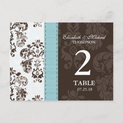 Tiffany Blue and Brown Damask Wedding Table Number Post Card by