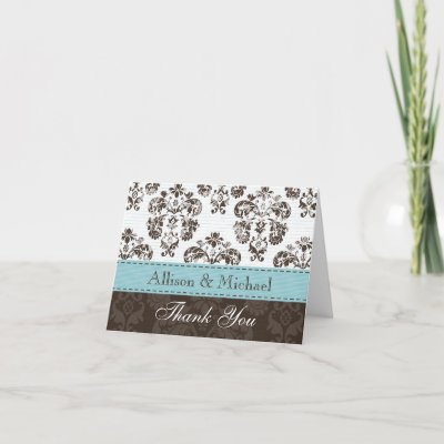 Tiffany Blue and Brown Damask Wedding Thank You No Greeting Card by 