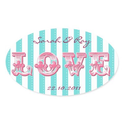 Tiffany blue and white candy striped LOVE sticker Great for wedding favors