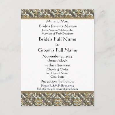 Tiffany Blue Damask on Grey Wedding Invitation Post Card by samack