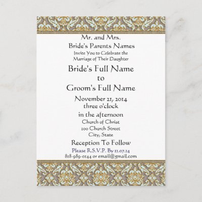 Tiffany Blue lite Damask Grey Wedding Invitation Post Cards by samack
