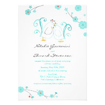 Tiffany Blue Lovebirds & Blossoms Invitations