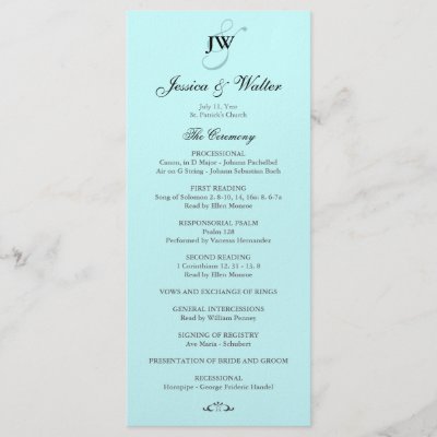 Tiffany Blue Monogram Wedding Program Rack Card Template by InspiredWeddings