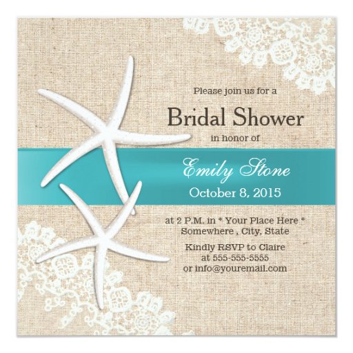 Tiffany Blue Starfish Lace & Burlap Bridal Shower Invites