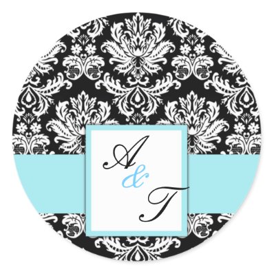 Tiffany Blue Wedding Monogram Damask Seal Round Sticker