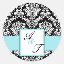 Tiffany Blue Wedding Monogram Damask Seal Round Sticker