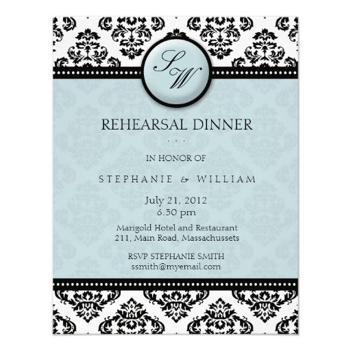 Tiffany Damask Monogram Rehearsal Dinner Card Personalized Invite