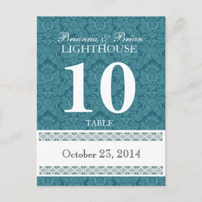 Tiffany Damask Wedding Table Number Card Reception Post Cards by JaclinArt